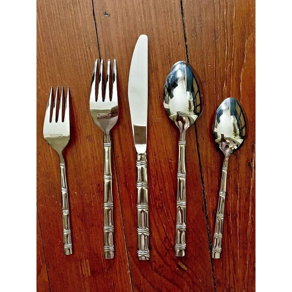 Vintage Oxford Hall Lanai Bamboo Flatware Stainless Steel 10 pc Lot Japan